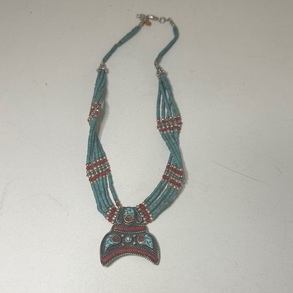 Turquoise and Red Beaded Necklace reversible